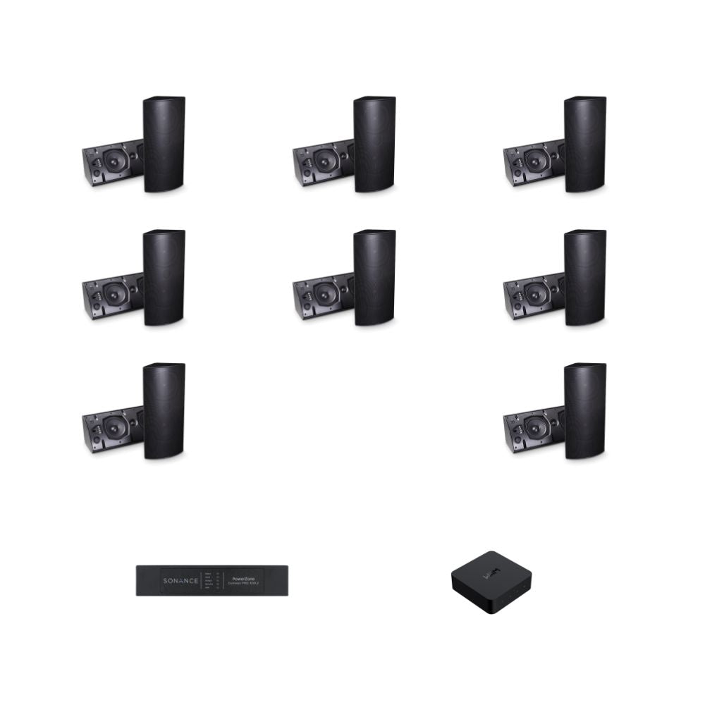 Pachet cu 8 boxe Blaze Audio cu montaj flexibil, amplificator și streaming de pe telefon, pentru sonorizare ambientală în spații comerciale de 100–300 m².