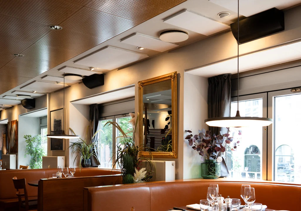 Boxe montate pe perete pentru sonorizarea unui restaurant