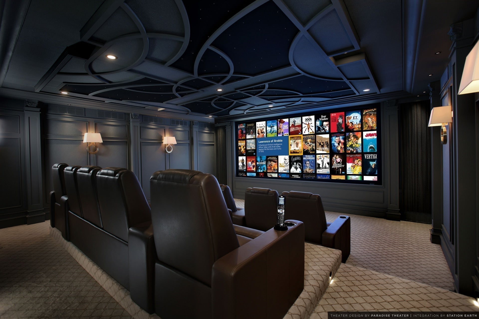 Camera home cinema dedicata cu ecran mare, cu randuri de fotolii tip sala de film