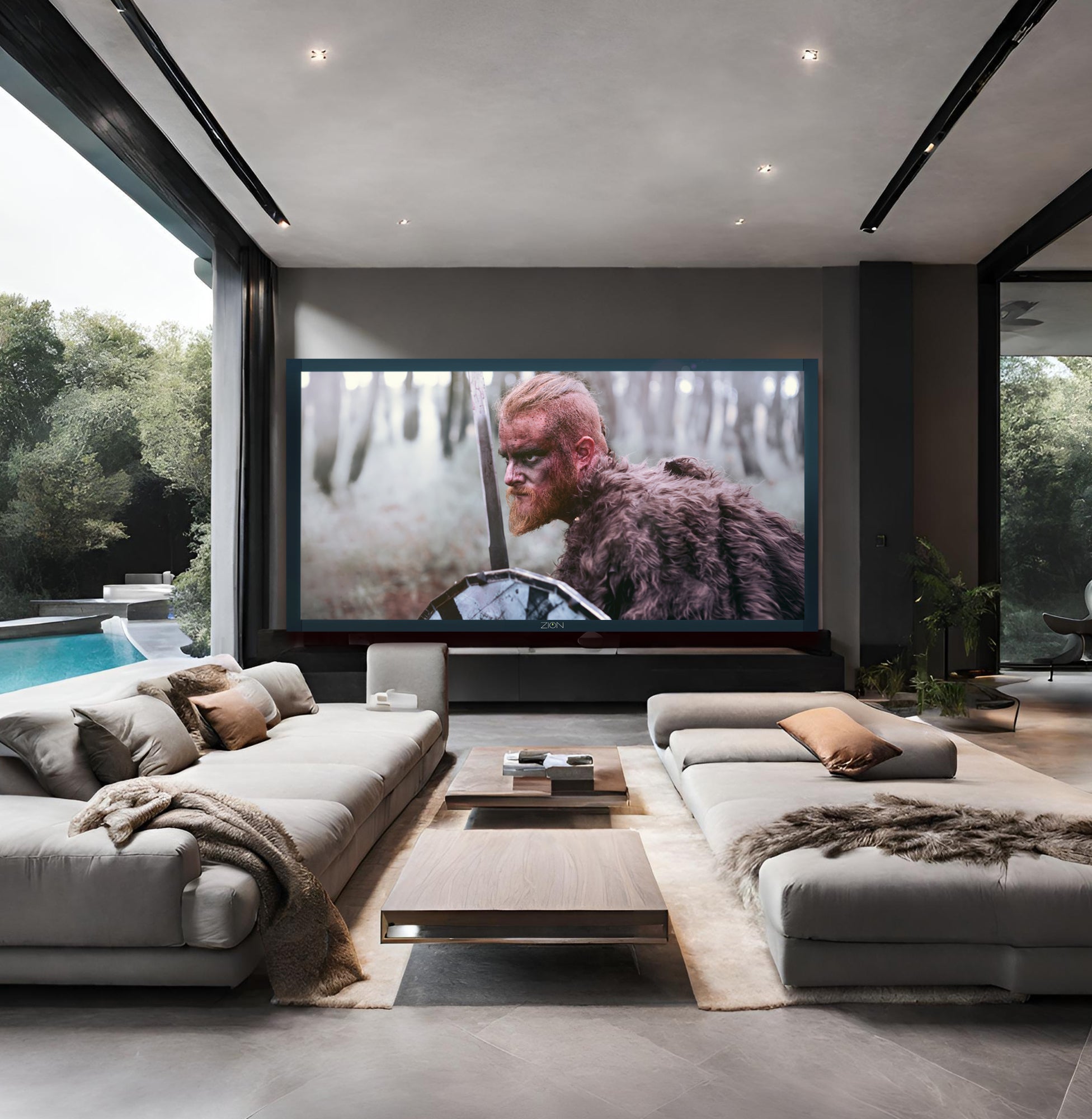 Solutie video exterior premium cu ecran LED urias pe terasa de lux, langa piscina