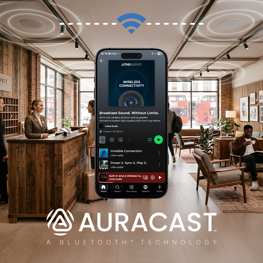 Pachet sonorizare ambientală 100–500 m² – boxe Bluetooth Auracast în tavan – Lithe Audio