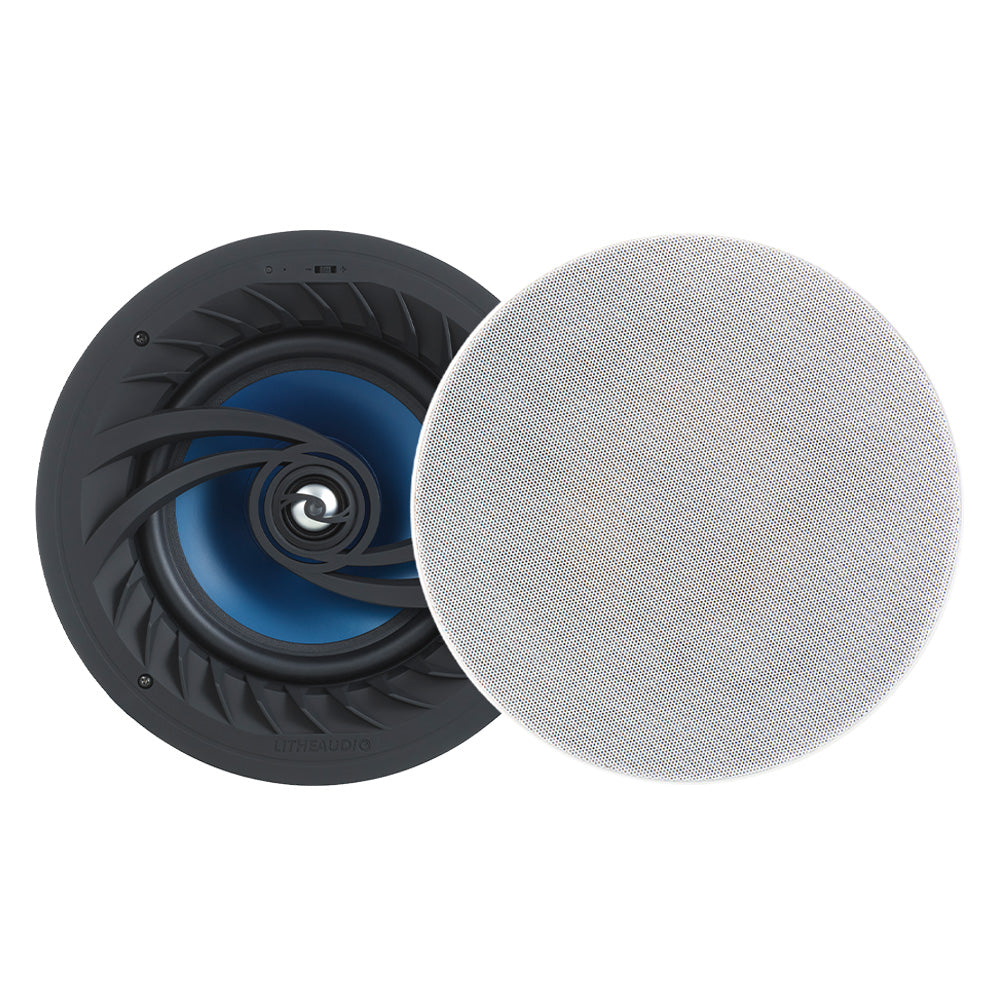 Difuzor de tavan Lithe Audio BT8 Auracast Bluetooth, cu și fără grilă albă.