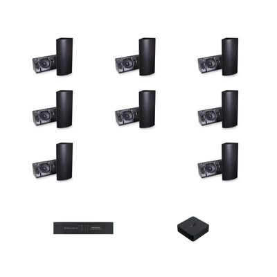Pachet cu 8 boxe Blaze Audio cu montaj flexibil, amplificator și streaming de pe telefon, pentru sonorizare ambientală în spații comerciale de 100–300 m².