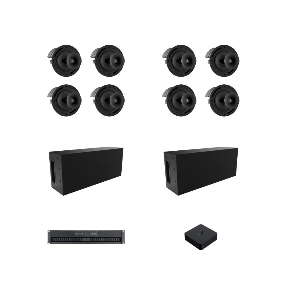 Pachet Sonance cu 8 boxe de tavan, 2 subwoofere, amplificator și streamer