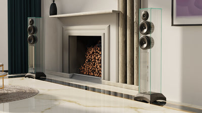 Boxe audio sculpturale folosite ca obiecte de design într-un living modern Waterfall Audio